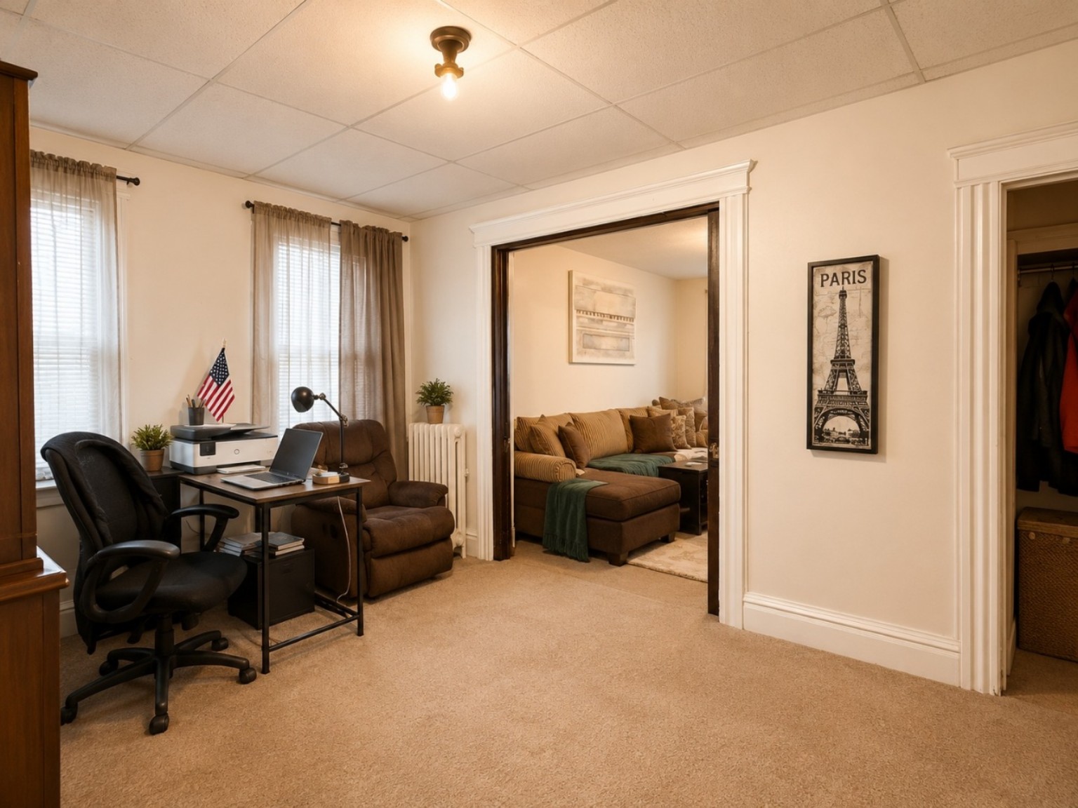 Home office opening into the living room